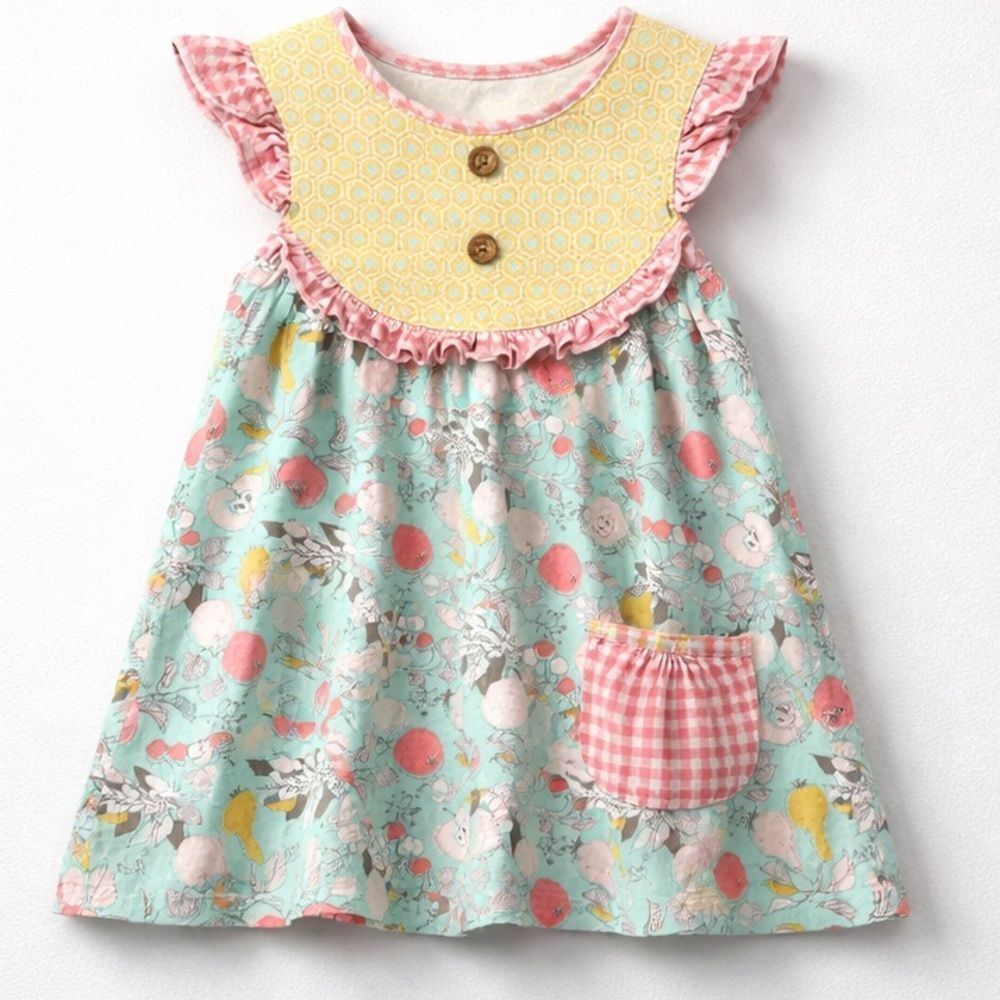 Serendipity mint green & pink multi pattern peasant dress Apple print XL (9-10)